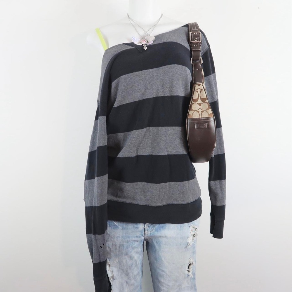 y2k black grey striped long sleeve off the shoulder top